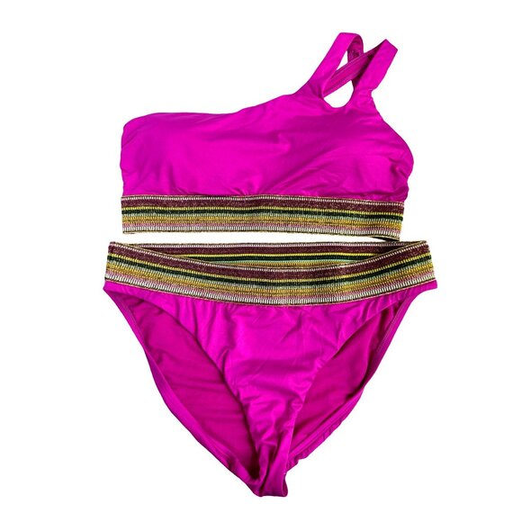 2for30💥‼️Gibson‎ & Latimer Fuchsia One-Shoulder Bikini Metallic Band Sz L - Picture 2 of 5